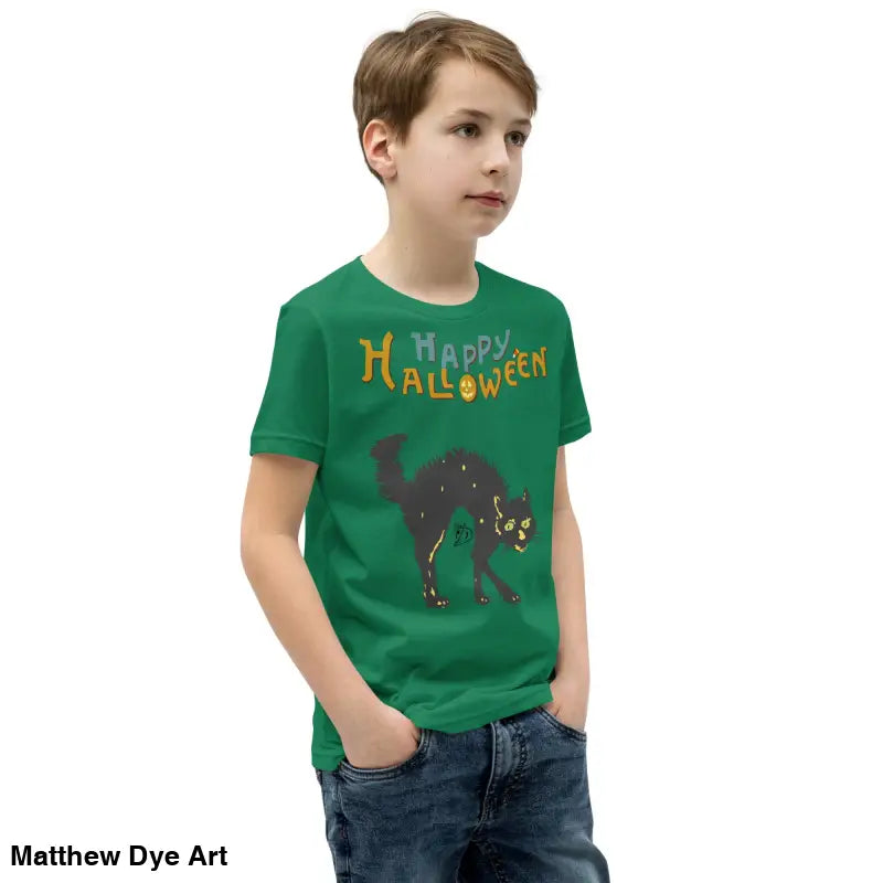 Green youth Halloween short sleeve t-shirt featuring a happy Halloween black cat design