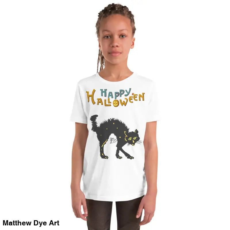 White youth Halloween short sleeve t-shirt featuring happy Halloween black cat design