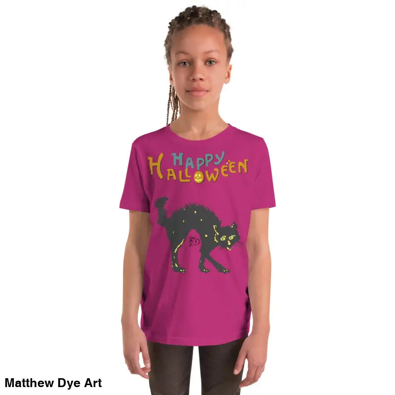 Magenta youth Halloween short sleeve t-shirt featuring happy Halloween black cat design