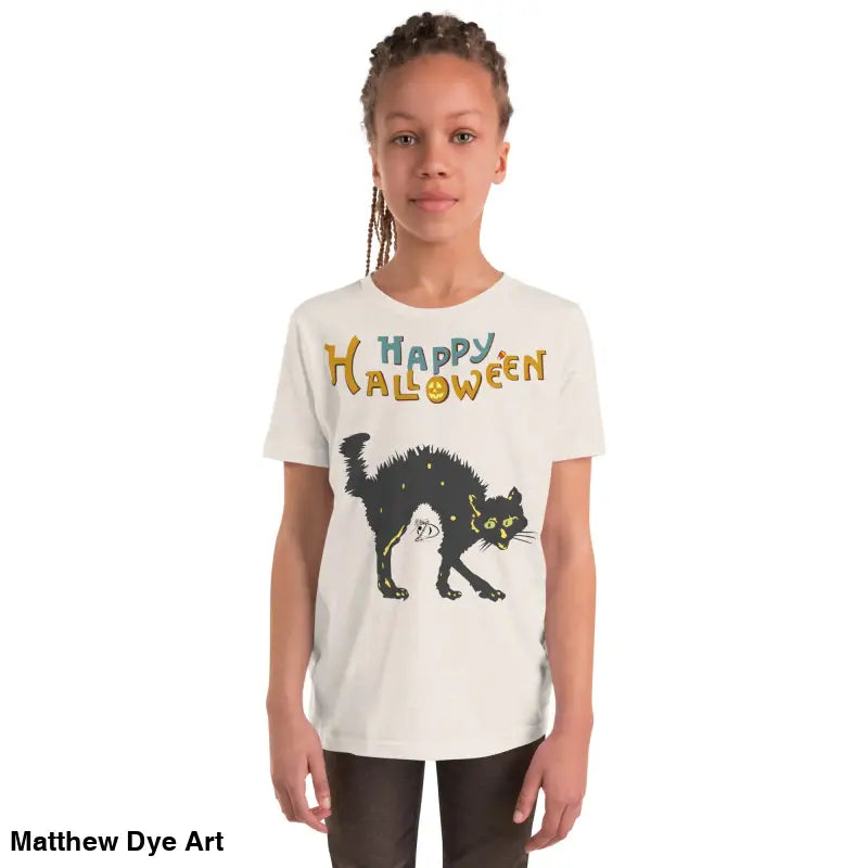 Youth Halloween short sleeve t-shirt featuring a Happy Halloween black cat design
