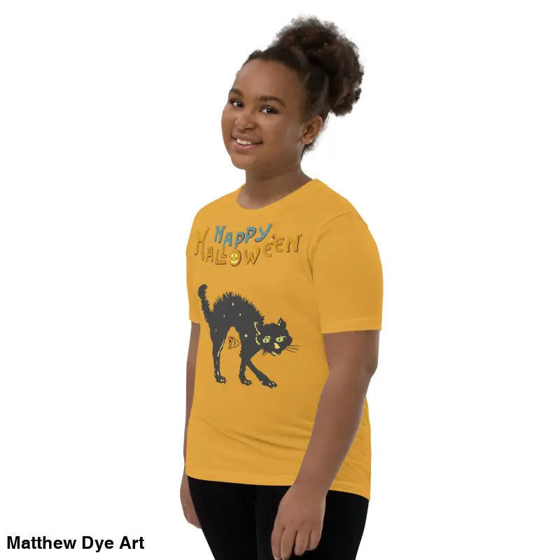 Youth Halloween short sleeve t-shirt featuring a happy Halloween black cat design