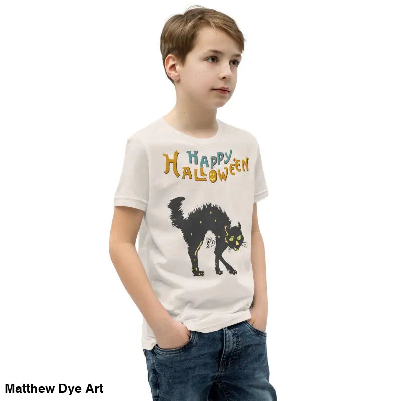 Boy’s Halloween-themed t-shirt featuring a happy Halloween black cat design