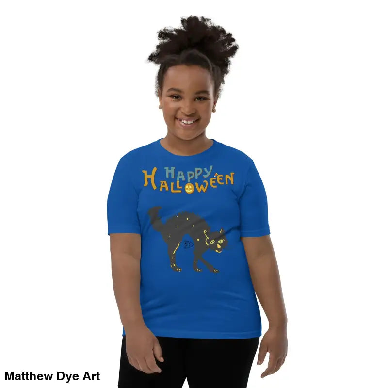 Blue youth Halloween short sleeve t-shirt featuring a happy Halloween black cat design