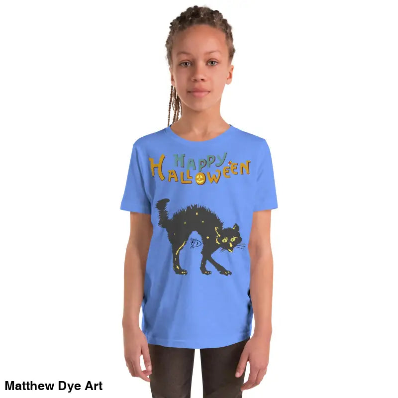 Blue Halloween-themed youth short sleeve t-shirt featuring a happy Halloween black cat design