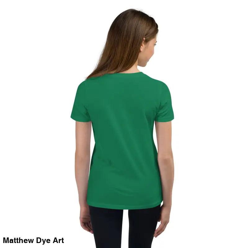 Green youth Halloween short sleeve t-shirt featuring a happy Halloween black cat design