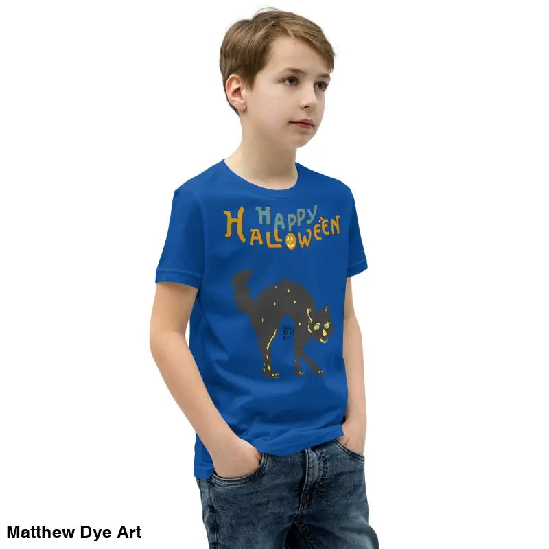 Blue youth Halloween short sleeve t-shirt featuring a happy Halloween black cat design