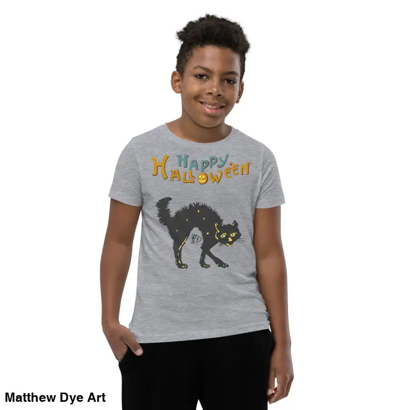 Gray youth Halloween short sleeve t-shirt with happy Halloween black cat design