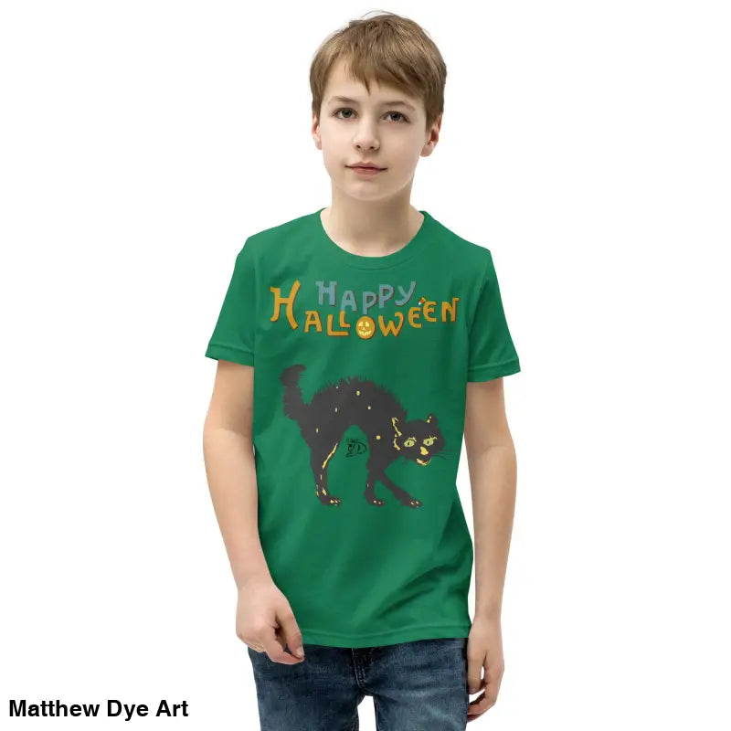 Green Halloween-themed youth short sleeve t-shirt featuring a happy Halloween black cat design