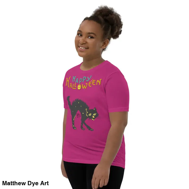 Pink youth Halloween short sleeve t-shirt featuring a happy Halloween black cat design
