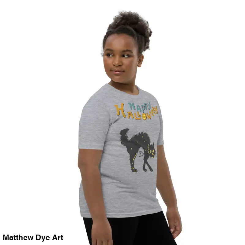 Gray Halloween youth short sleeve t-shirt featuring a happy Halloween black cat design
