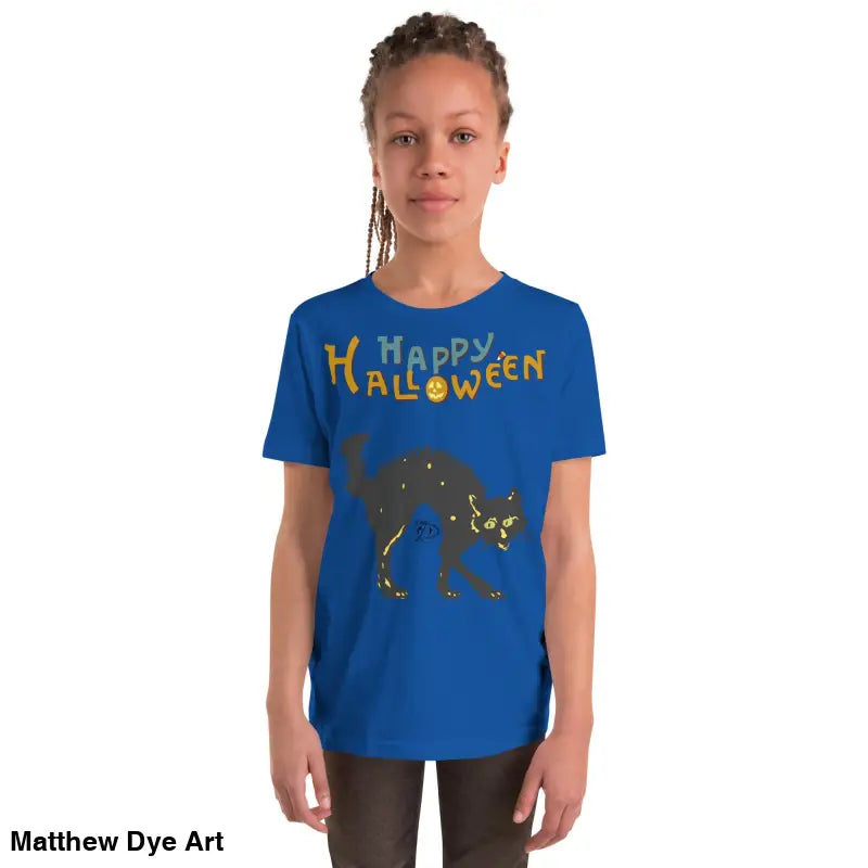 Blue youth Halloween short sleeve t-shirt featuring a happy Halloween black cat design