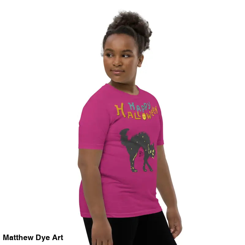 Pink youth Halloween short sleeve t-shirt featuring a happy Halloween black cat design