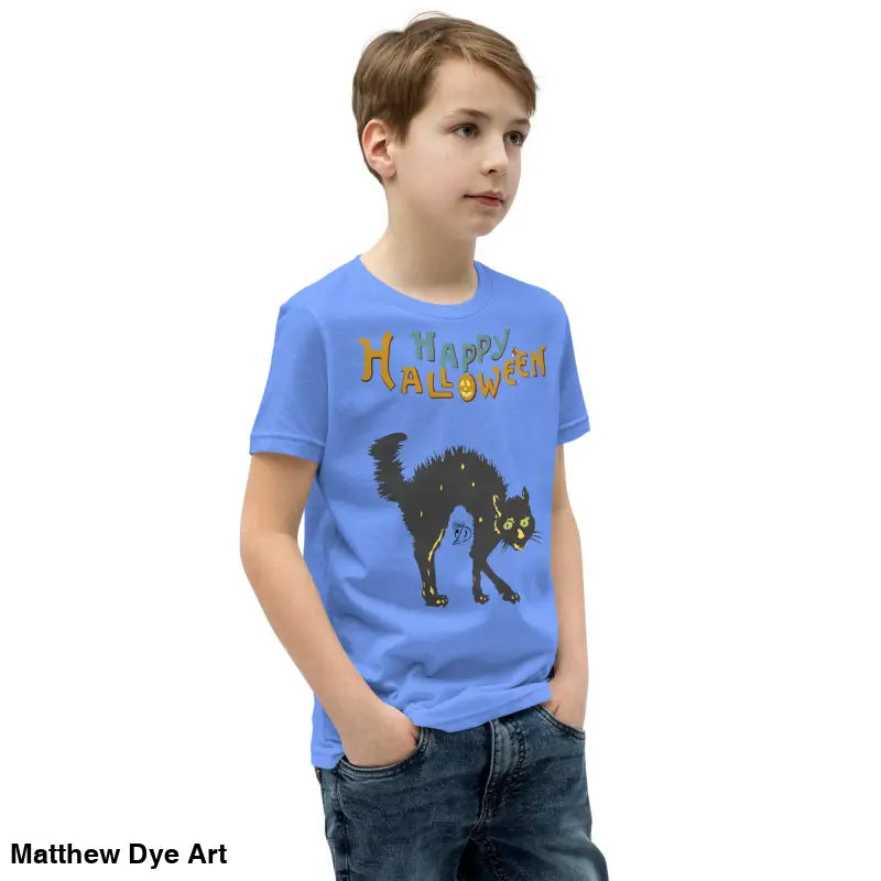 Boy’s blue youth Halloween short sleeve t-shirt featuring a happy Halloween black cat design