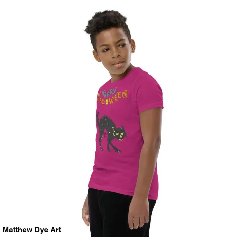Magenta youth Halloween short sleeve t-shirt featuring a happy Halloween black cat design