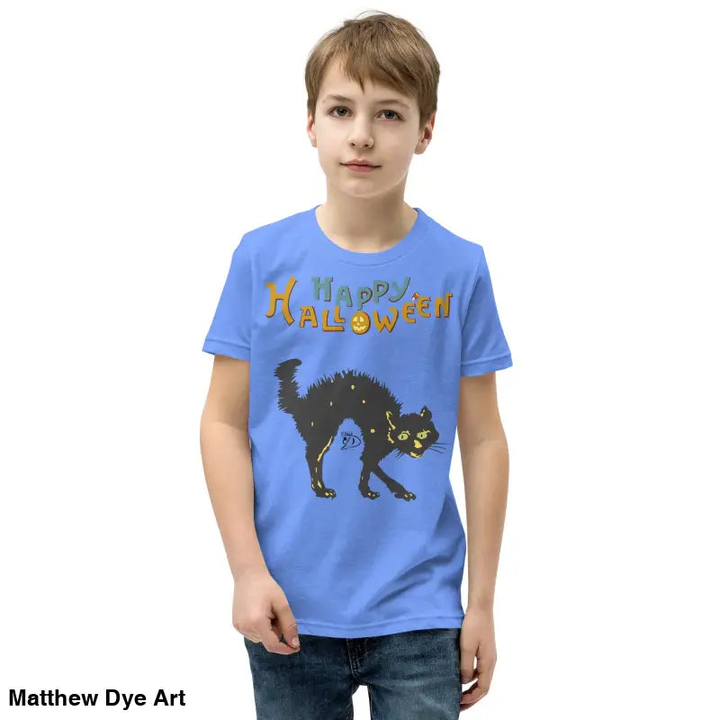 Blue Halloween-themed youth short sleeve t-shirt featuring a happy Halloween black cat design