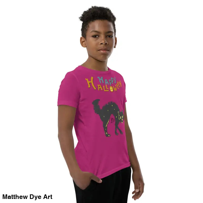 Magenta Halloween-themed youth t-shirt featuring a happy Halloween black cat design