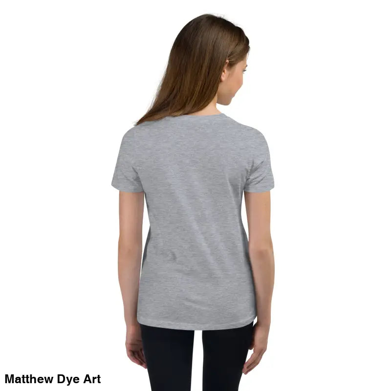 Gray t-shirt worn by a person featuring a Happy Halloween black cat design for youth