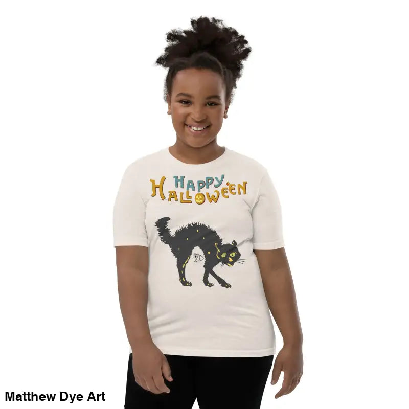 Youth Halloween short sleeve t-shirt featuring a happy Halloween black cat design
