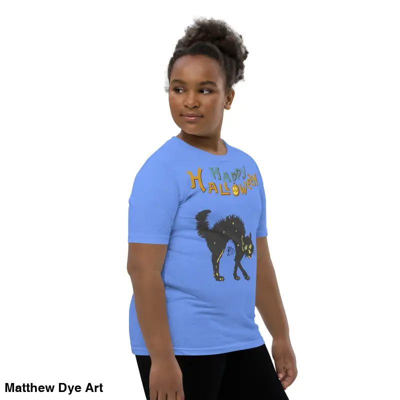 Youth Halloween short sleeve t-shirt featuring a happy Halloween black cat design
