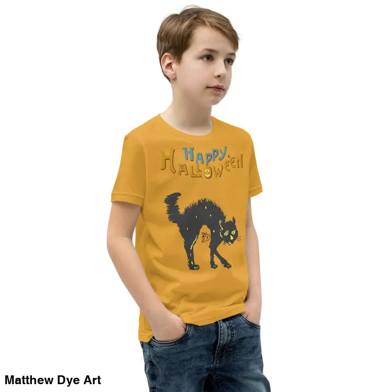 Youth Halloween short sleeve t-shirt with happy Halloween black cat design
