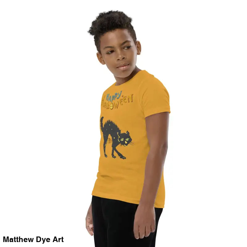 Youth Halloween short sleeve t-shirt featuring a happy Halloween black cat design