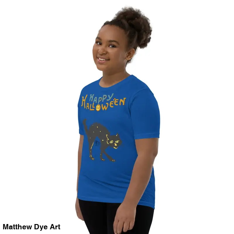 Blue Halloween-themed youth t-shirt featuring a happy Halloween black cat design