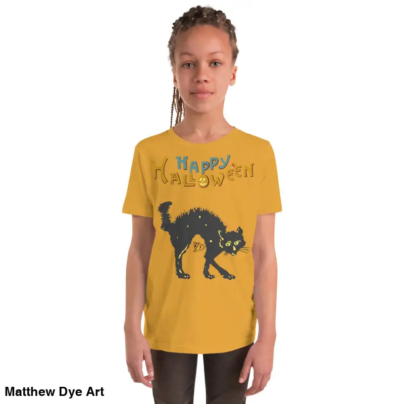Youth Halloween short sleeve t-shirt featuring a Happy Halloween black cat design