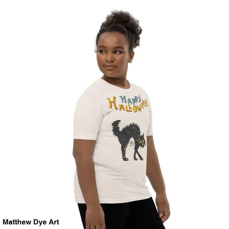 Child’s youth Halloween short sleeve t-shirt featuring a happy Halloween black cat design