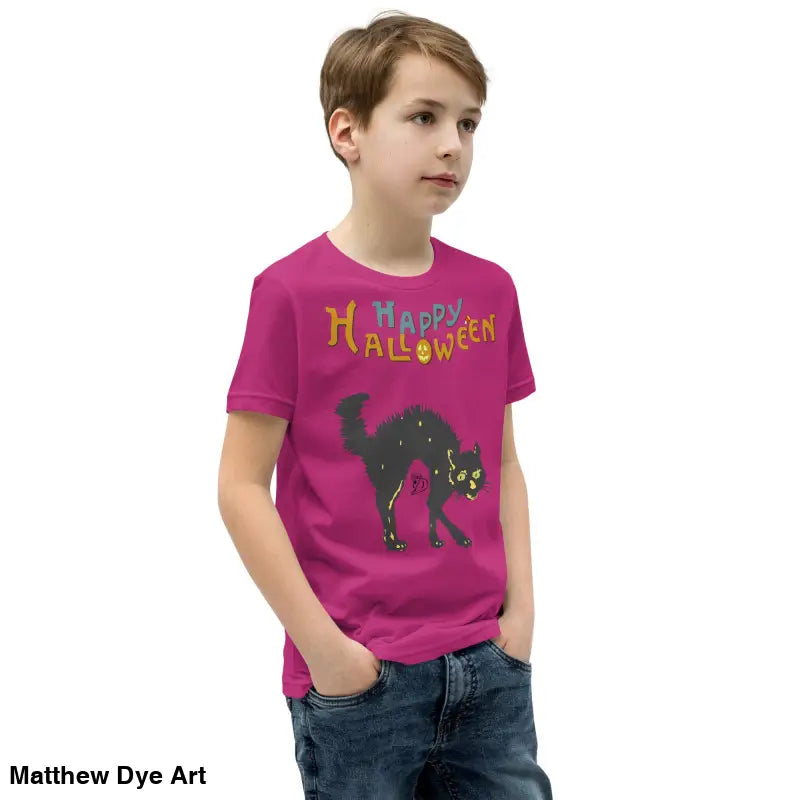 Child’s magenta Halloween t-shirt featuring a happy Halloween black cat design