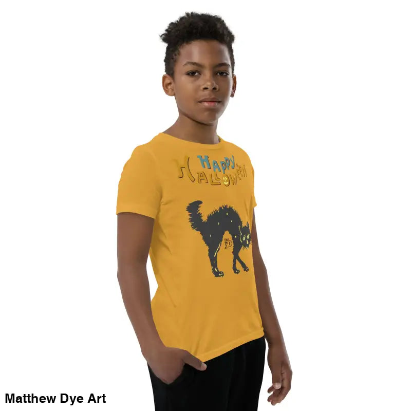 Youth Halloween short sleeve t-shirt featuring a Happy Halloween black cat design
