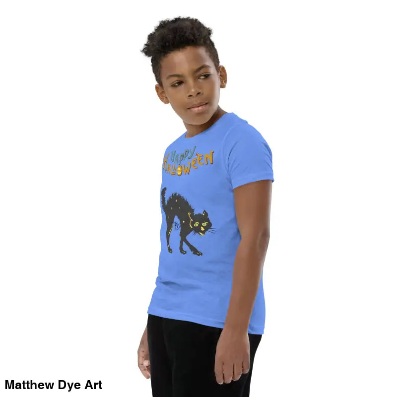 Blue Halloween-themed youth short sleeve t-shirt featuring a happy Halloween black cat design