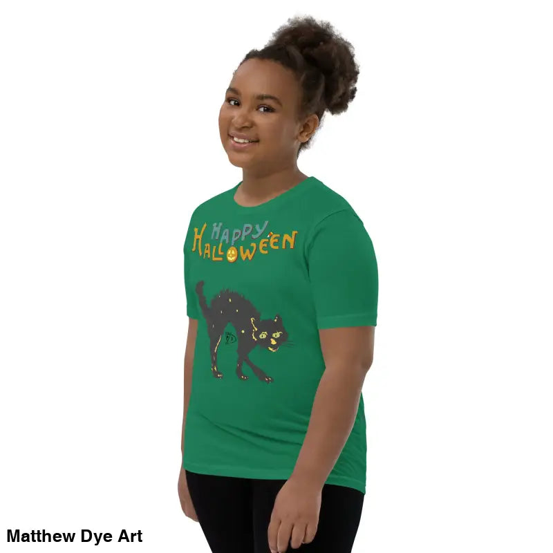 Green youth Halloween short sleeve t-shirt featuring a happy Halloween black cat design