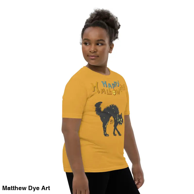 Youth Halloween short sleeve t-shirt featuring a happy Halloween black cat design