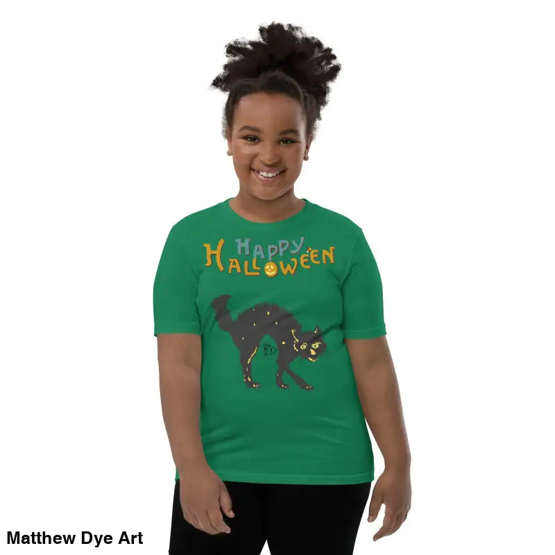 Green Youth Halloween Short Sleeve T-Shirt featuring Happy Halloween Black Cat Design