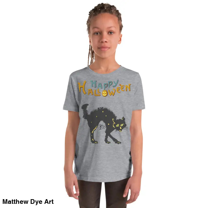 Gray Halloween youth short sleeve t-shirt featuring happy Halloween black cat design
