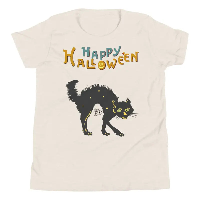 Youth Halloween short sleeve t-shirt featuring a happy Halloween black cat design
