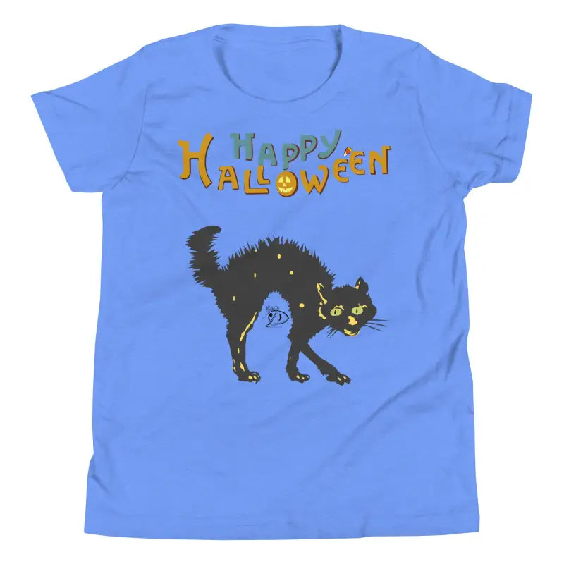 Blue Halloween t-shirt featuring a happy Halloween black cat design for youth