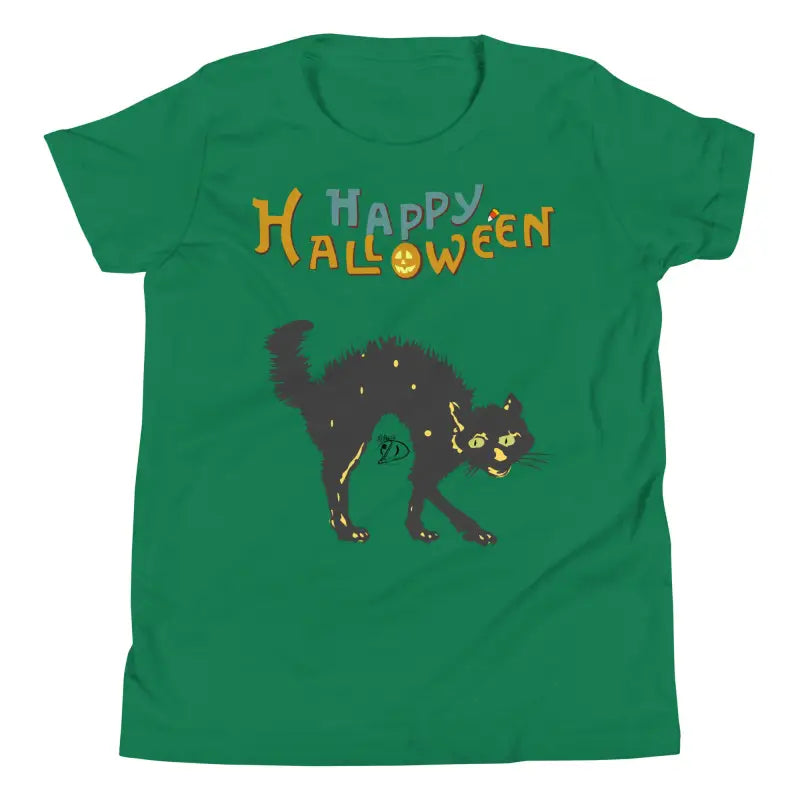 Green youth Halloween short sleeve t-shirt featuring a Happy Halloween black cat design