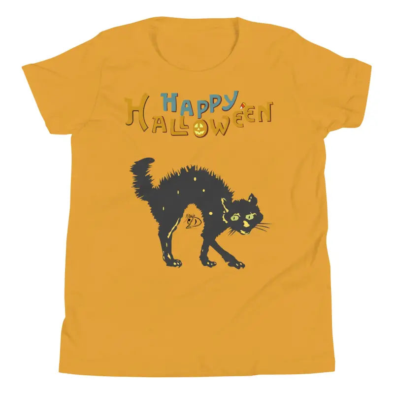 Mustard-colored youth Halloween short sleeve t-shirt featuring happy Halloween black cat design