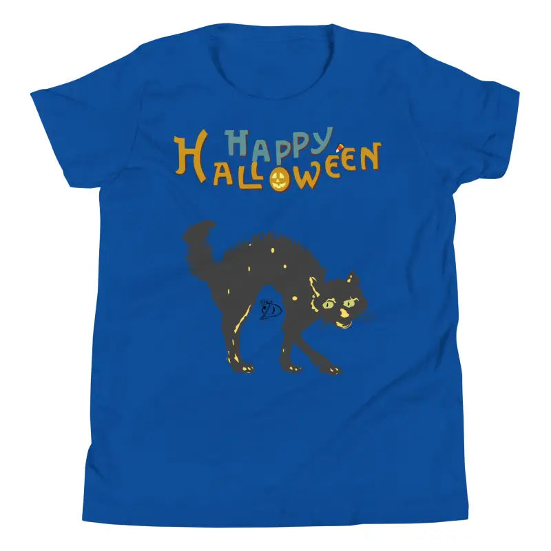 Blue Halloween-themed youth short sleeve t-shirt featuring a happy Halloween black cat design