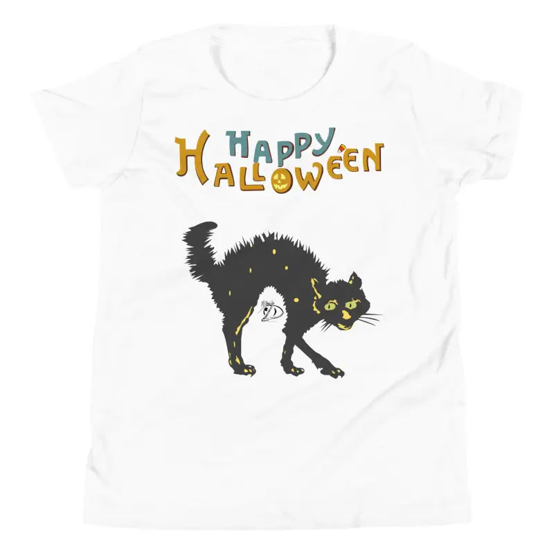 White youth Halloween short sleeve t-shirt featuring a happy Halloween black cat design