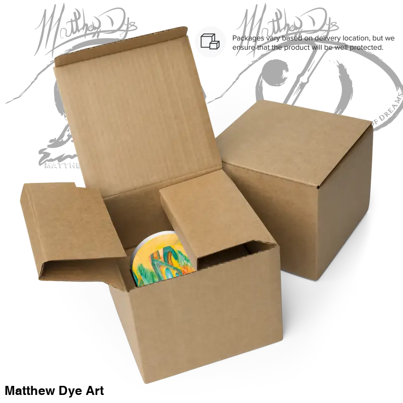 Brown cardboard shipping boxes showcasing the Soultangler glossy mug’s colorful eerie essence