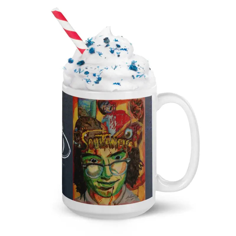 White ceramic Soultangler Glossy Mug with portrait art, whipped cream, sprinkles, and straw