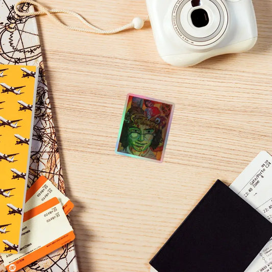 Enchanting holographic sticker featuring a portrait in green and red tones from Soultangler