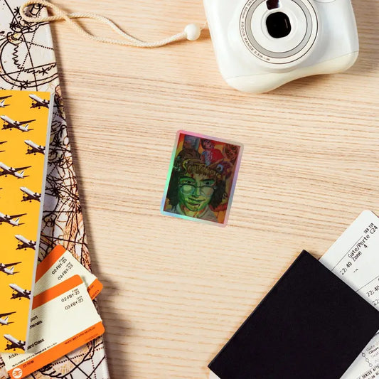 Enchanting holographic sticker featuring a portrait in green and red tones from Soultangler