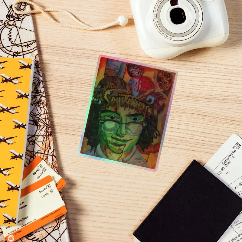 Vibrant portrait in green and red tones on Soultangler holographic stickers