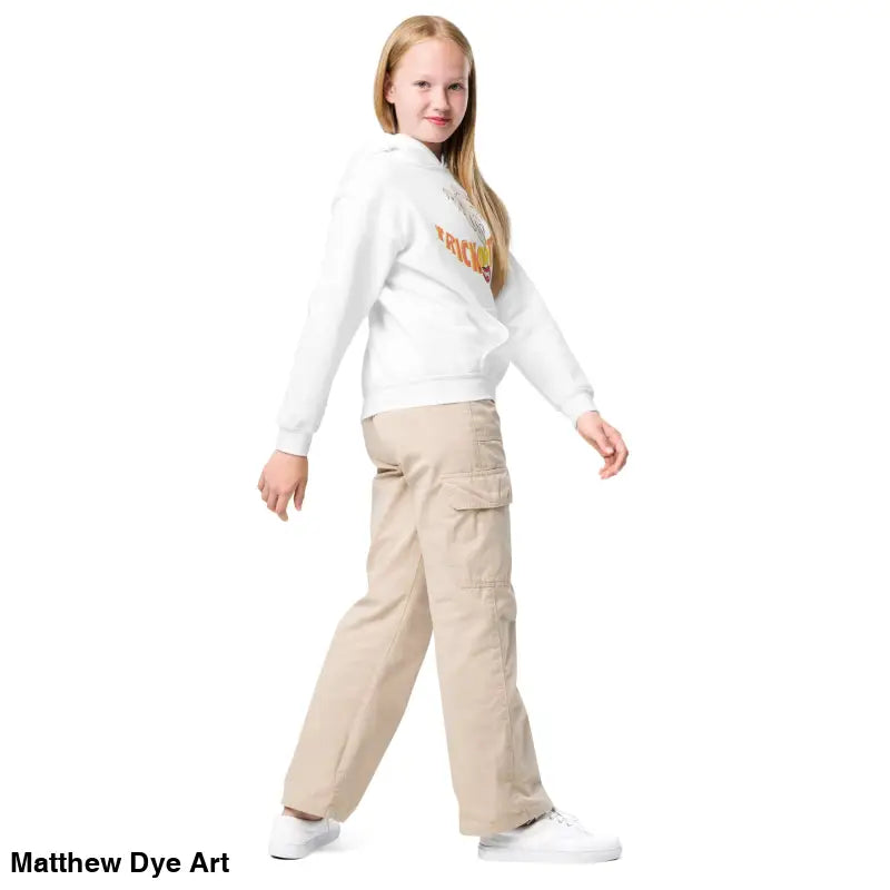 Girl in a white heavy blend hoodie and khaki cargo pants for child’s Halloween wardrobe
