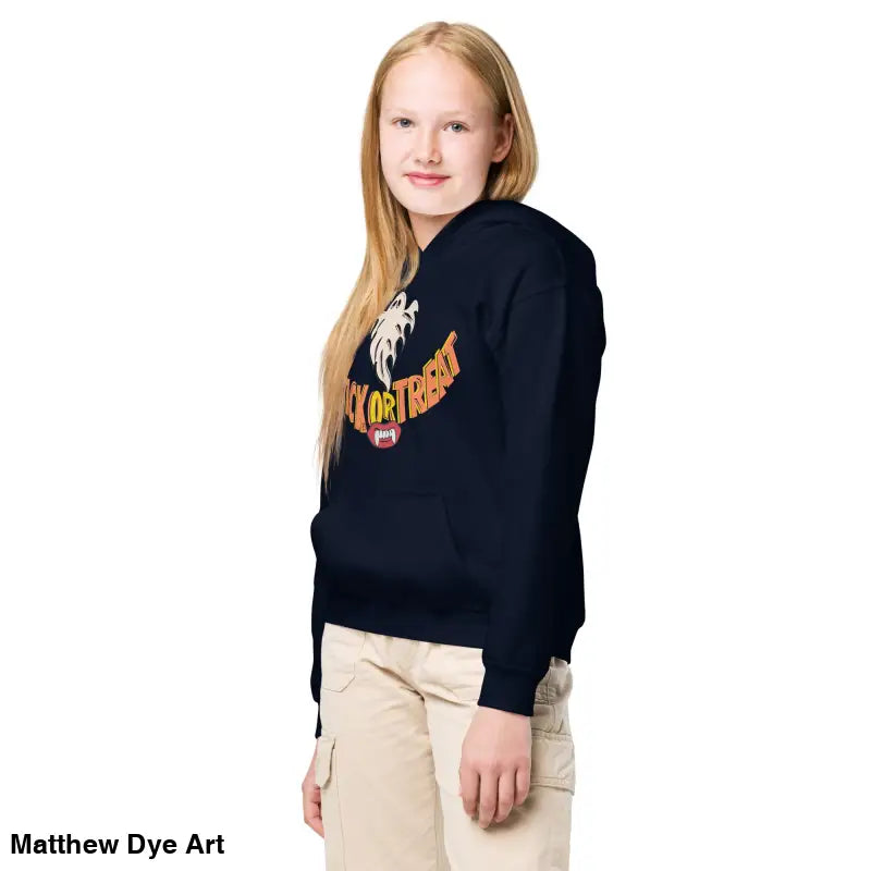 Girl wearing Spooktacular Smiles heavy blend hoodie for child’s Halloween wardrobe