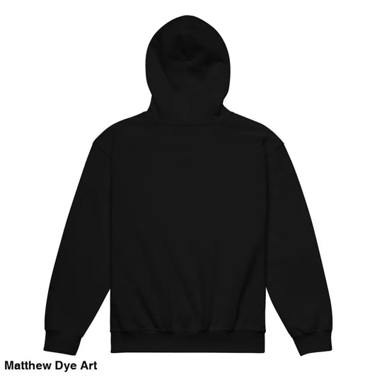 Black hooded sweatshirt in Spooktacular Smiles | Unisex Youth Halloween Art Hoodie for child’s Halloween wardrobe