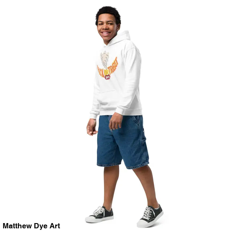 Teenager in a white hoodie and denim shorts for child’s Halloween wardrobe